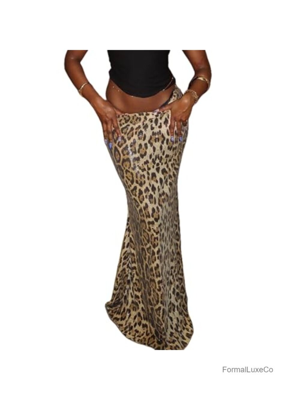 Sequin Leopard Print Maxi Skirt Elastic Fishtail Bodycon Club Night Out